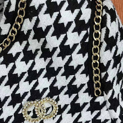 Women's Black and White Checked Cardigan Chic Coat