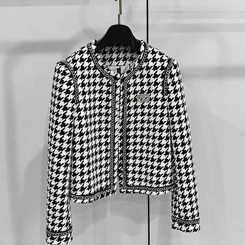 Women's Black and White Checked Cardigan Chic Coat