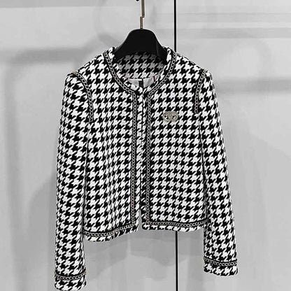 Women's Black and White Checked Cardigan Chic Coat