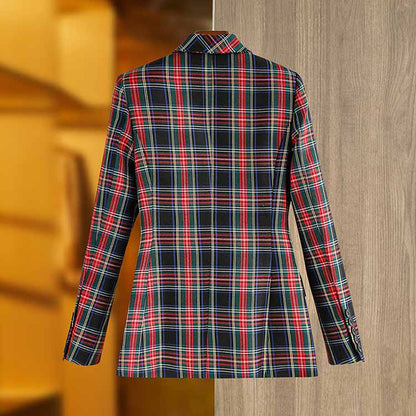 Womens Double Breasted Plaid Work Formal Blazer Jacket