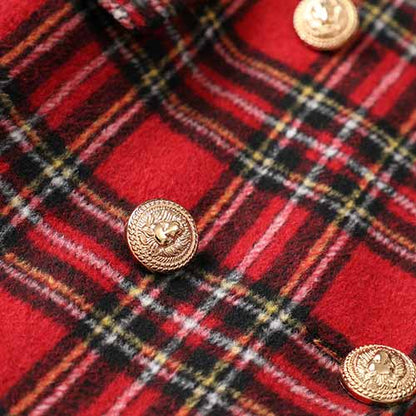 Women Long Sleeve Checked Blazer Coat Red