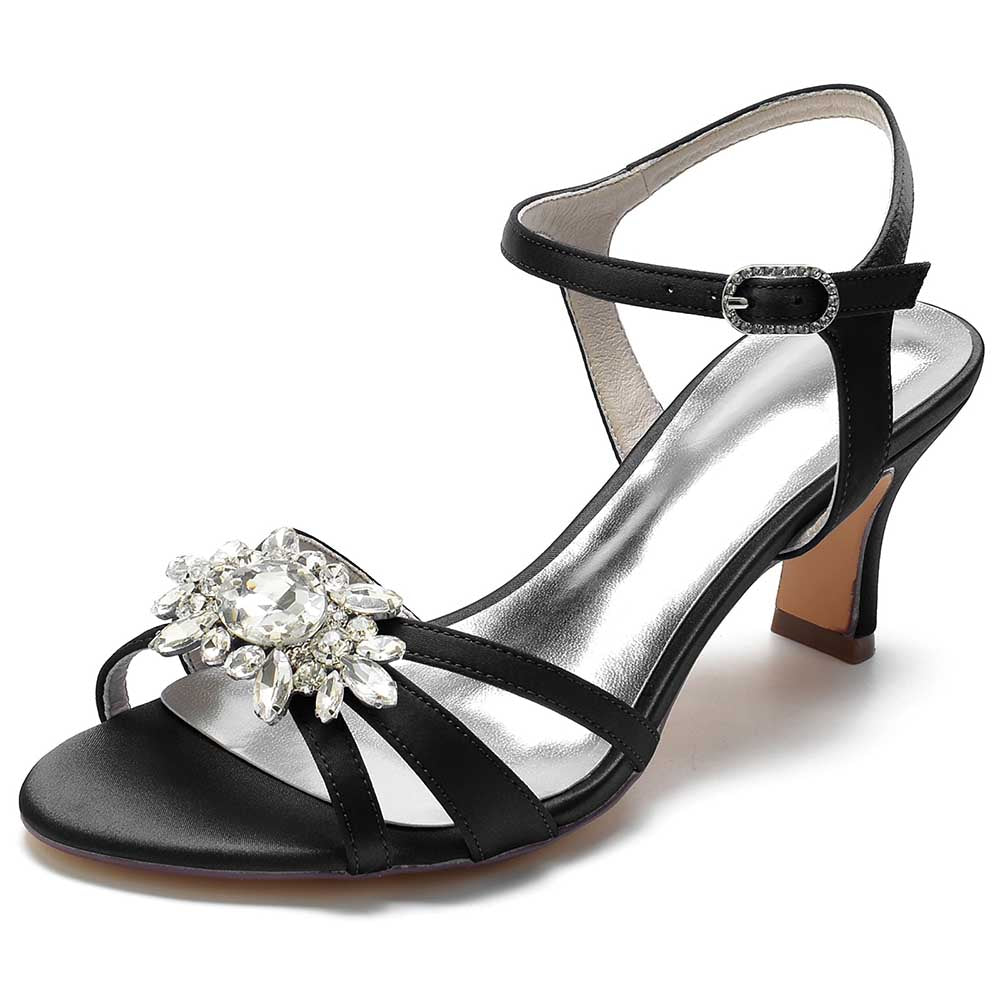 Elegant black chic strappy sandals for prom with jeweled embellishments and a comfortable heel