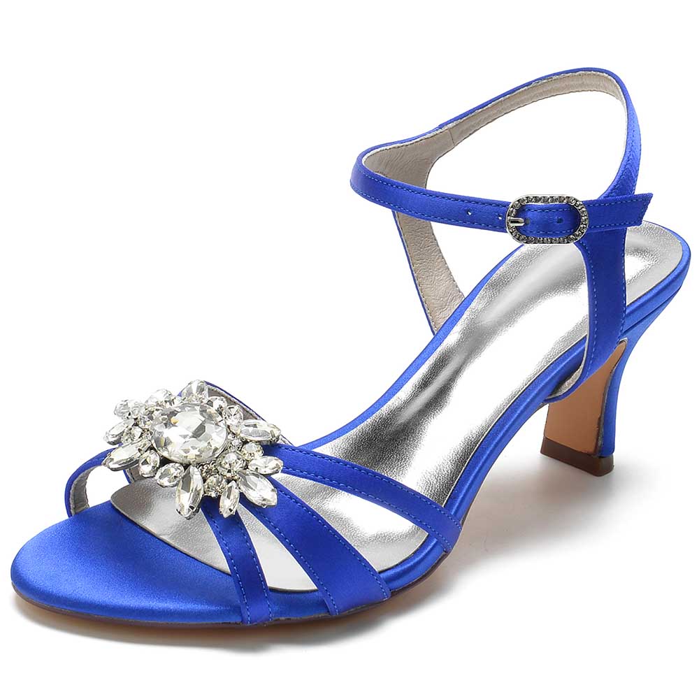 Blue chic strappy sandals for prom with sparkling gemstone embellishments and a low heel