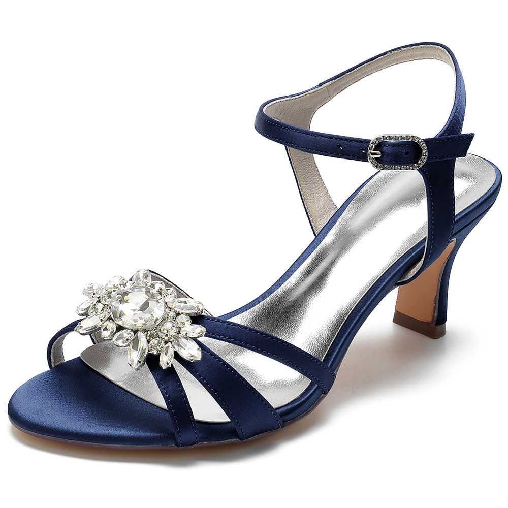 Navy chic strappy sandals for prom with a sparkling jewel accent and a modest heel