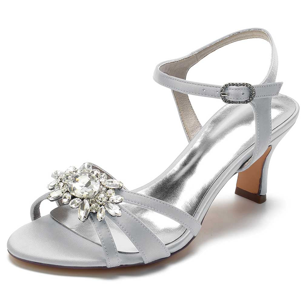 Elegant silver chic strappy sandals for prom with jeweled embellishment and a mid-heel