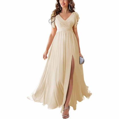 Elegant chiffon bridesmaid dress with slit, featuring a flattering V-neck and flowing skirt