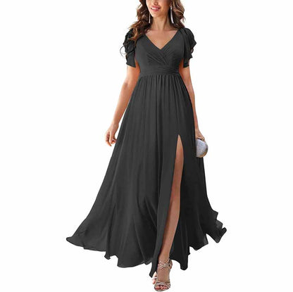 Elegant chiffon bridesmaid dress with slit, featuring a V-neckline and flowing skirt in black