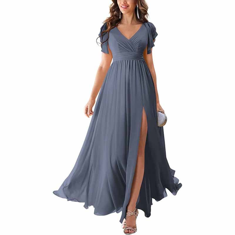 Elegant chiffon bridesmaid dress with slit in blue, featuring a flattering V-neck and flowing skirt