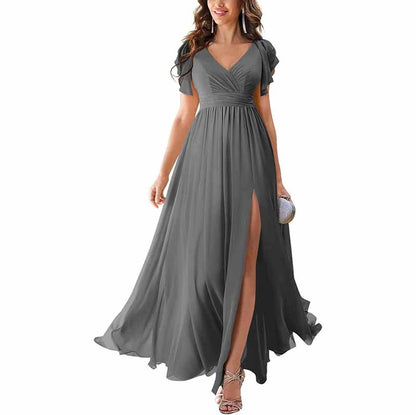 Elegant chiffon bridesmaid dress with slit in gray, featuring flutter sleeves and a flattering V-neckline