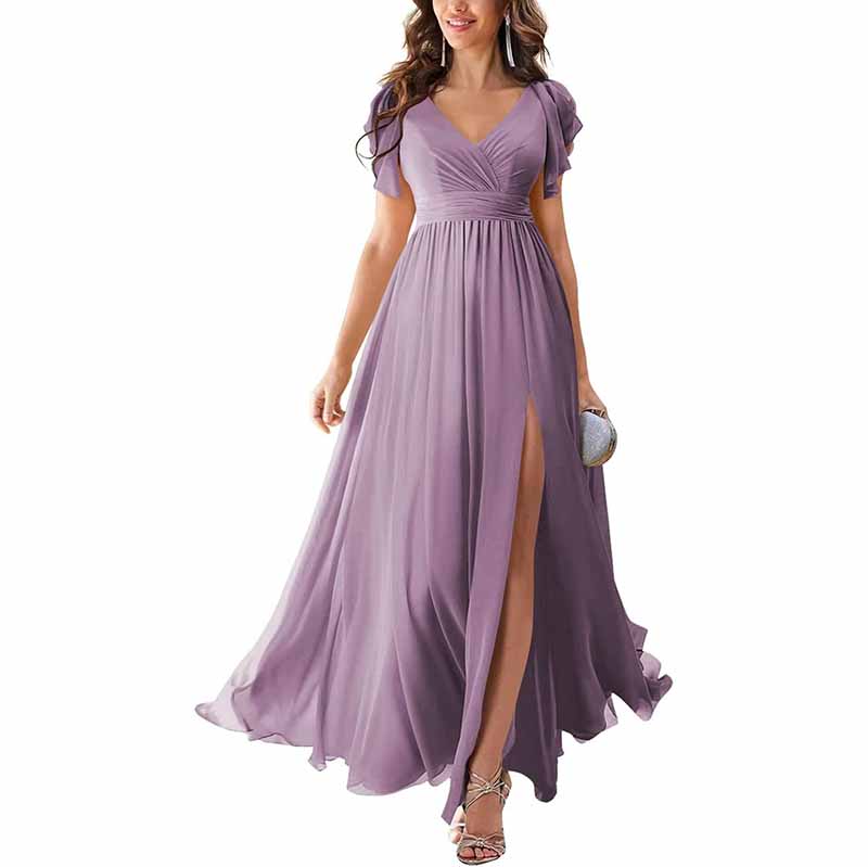Elegant lavender chiffon bridesmaid dress with slit and flattering V-neckline for wedding parties