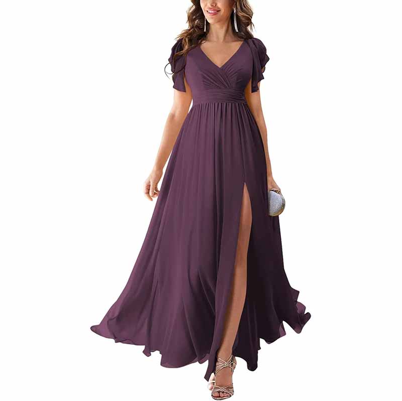 Chic chiffon bridesmaid dress with slit in deep purple, featuring a flattering V-neck and flowing skirt
