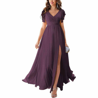 Chic chiffon bridesmaid dress with slit in deep purple, featuring a flattering V-neck and flowing skirt