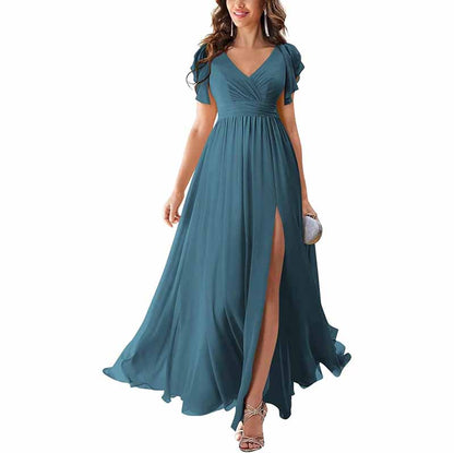 Elegant teal chiffon bridesmaid dress with slit and flowing skirt for special occasions