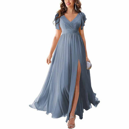 Elegant chiffon bridesmaid dress with slit in soft blue, featuring a V-neck and flowy sleeves