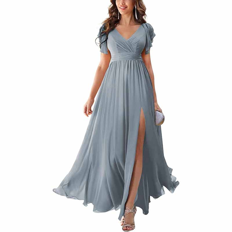 Elegant chiffon bridesmaid dress with slit in dusty blue, featuring a V-neck and flowing design
