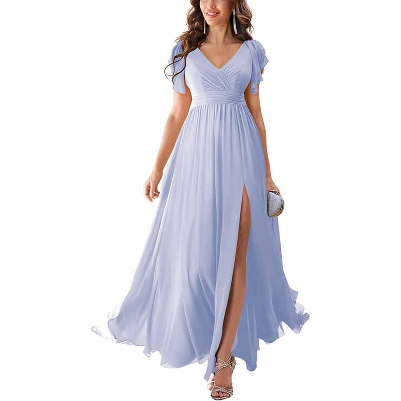 Light blue chiffon bridesmaid dress with slit and flutter sleeves for elegant wedding celebrations