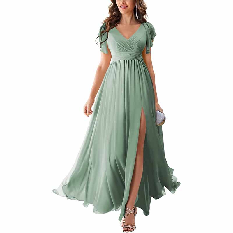 Elegant chiffon bridesmaid dress with slit in soft green, featuring a flattering V-neck and flowy sleeves