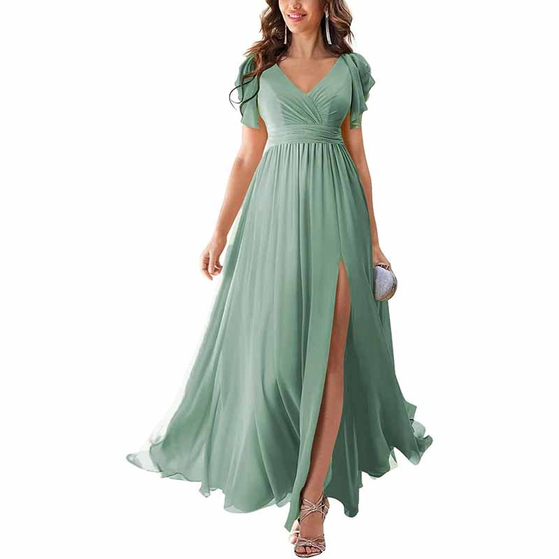 Elegant chiffon bridesmaid dress with slit in mint green, featuring short sleeves and a flowy silhouette