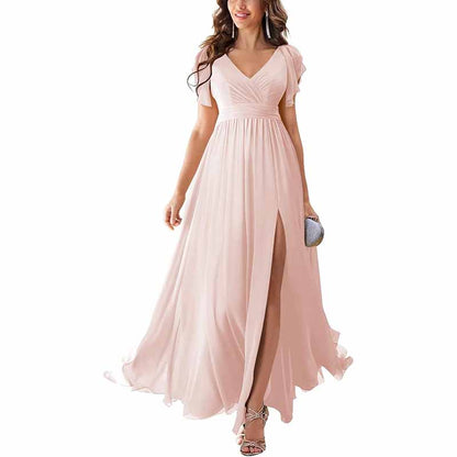 Elegant chiffon bridesmaid dress with slit in soft pink, featuring a flattering V-neck and flowy sleeves
