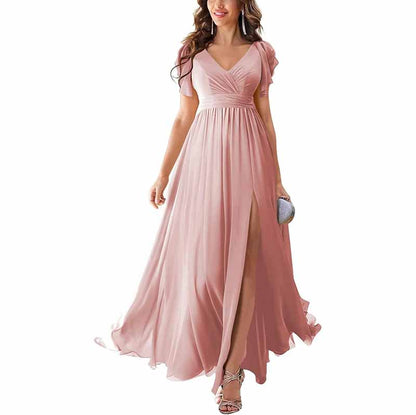 Elegant chiffon bridesmaid dress with slit in soft pink, featuring a flattering V-neckline and flowing skirt