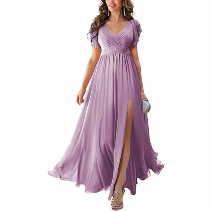 Elegant chiffon bridesmaid dress with slit in lavender, featuring a V-neck and flowy skirt