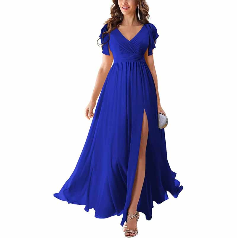 Elegant blue chiffon bridesmaid dress with slit and flutter sleeves, perfect for wedding events