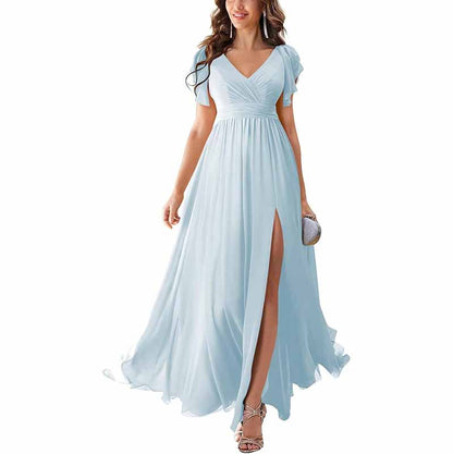 Light blue chiffon bridesmaid dress with slit featuring a flattering V-neck and short sleeves