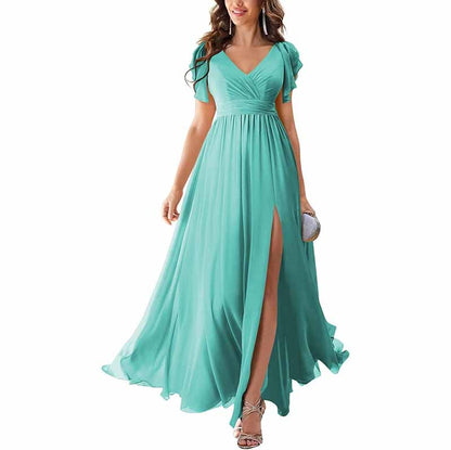 Elegant teal chiffon bridesmaid dress with slit and flutter sleeves for special occasions