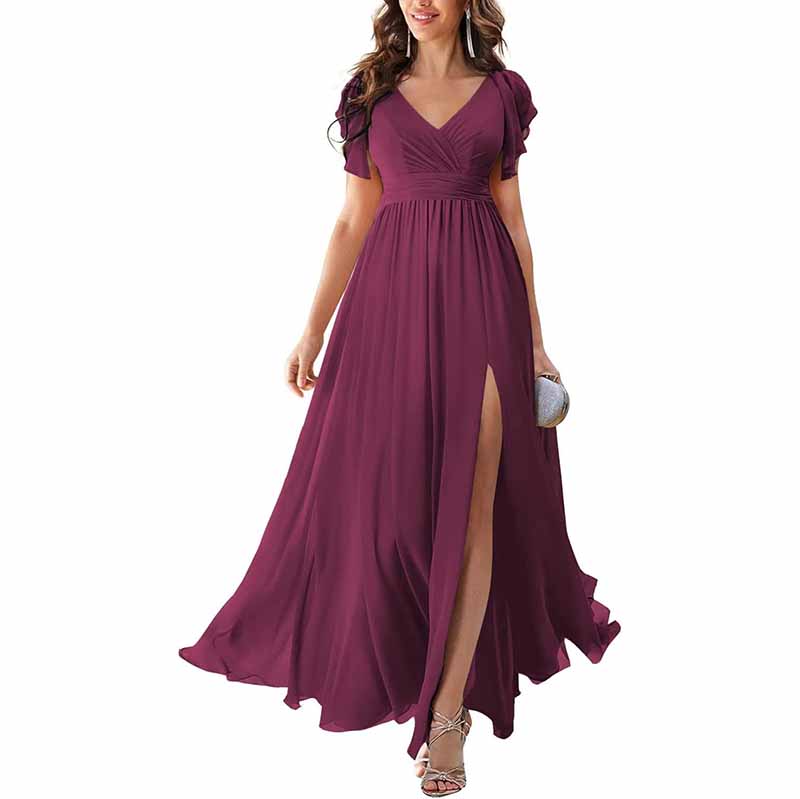 sd-hk Chiffon Bridesmaid Dress with Slit - Elegant Style