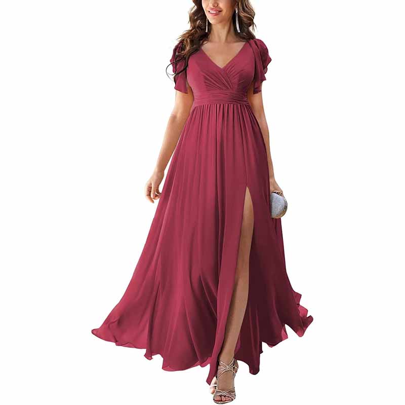 Elegant burgundy chiffon bridesmaid dress with slit and short puff sleeves for special occasions