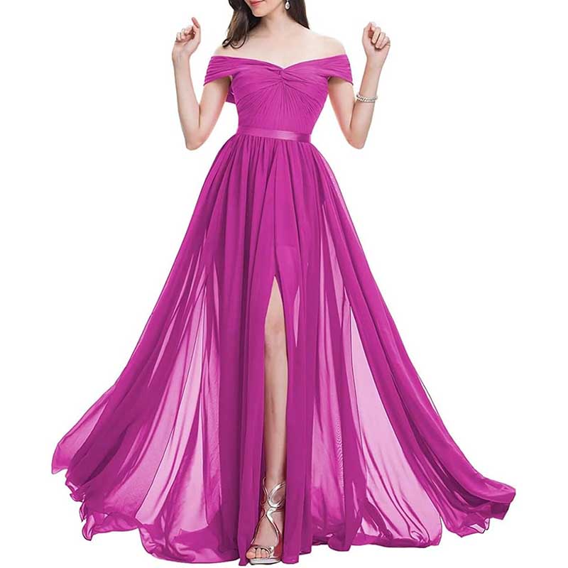 Off Shoulder Bridesmaid Dresses A-line Pleated Chiffon Formal Evening Gowns