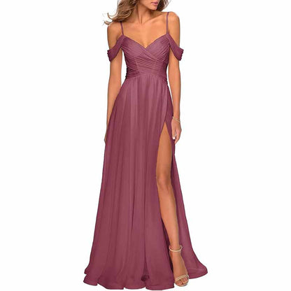 Chiffon Bridesmaid Dresses with Pockets V Neck Long Prom Dress Formal Evening Gown with Slit