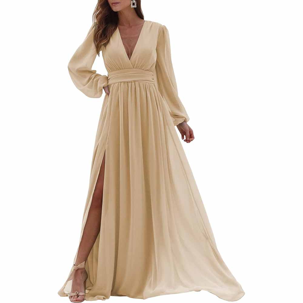 Women Long Sleeve Bridesmaid Dresses Slit Long Pleated Formal Evening Party Gown