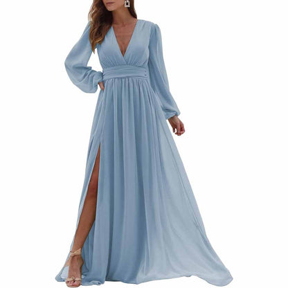 Women Long Sleeve Bridesmaid Dresses Slit Long Pleated Formal Evening Party Gown