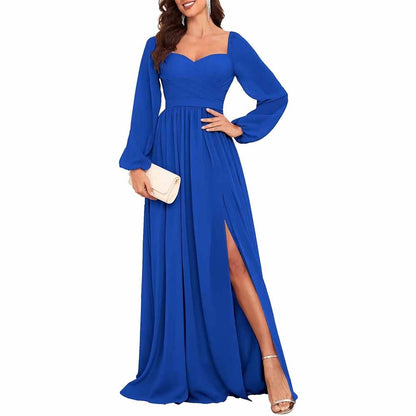 Long Sleeve Bridesmaid Dresses Long Pleated Chiffon Formal Evening Dresses with Slit