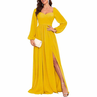 Long Sleeve Bridesmaid Dresses Long Pleated Chiffon Formal Evening Dresses with Slit