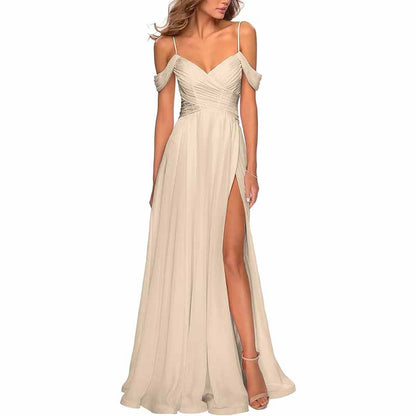 Chiffon Bridesmaid Dresses with Pockets V Neck Long Prom Dress Formal Evening Gown with Slit
