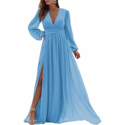 Women Long Sleeve Bridesmaid Dresses Slit Long Pleated Formal Evening Party Gown