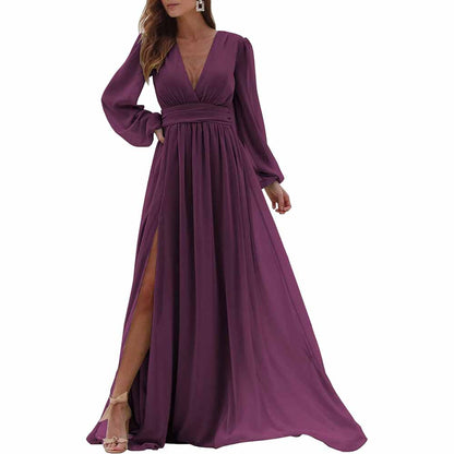 Women Long Sleeve Bridesmaid Dresses Slit Long Pleated Formal Evening Party Gown