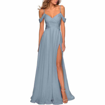 Chiffon Bridesmaid Dresses with Pockets V Neck Long Prom Dress Formal Evening Gown with Slit