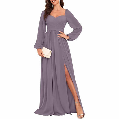 Long Sleeve Bridesmaid Dresses Long Pleated Chiffon Formal Evening Dresses with Slit