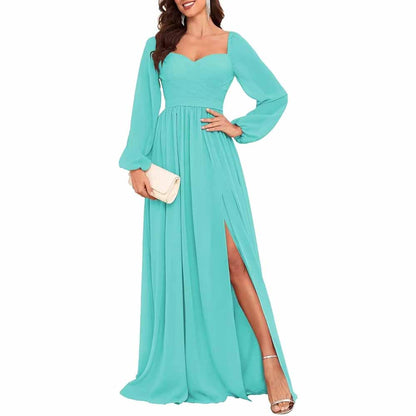 Long Sleeve Bridesmaid Dresses Long Pleated Chiffon Formal Evening Dresses with Slit