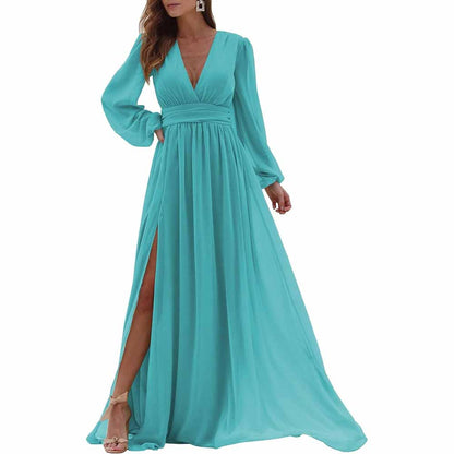 Women Long Sleeve Bridesmaid Dresses Slit Long Pleated Formal Evening Party Gown