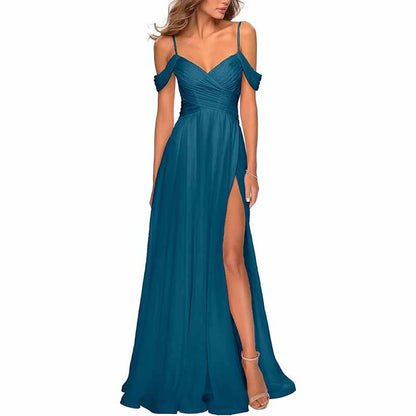 Chiffon Bridesmaid Dresses with Pockets V Neck Long Prom Dress Formal Evening Gown with Slit