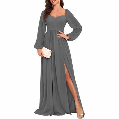 Long Sleeve Bridesmaid Dresses Long Pleated Chiffon Formal Evening Dresses with Slit