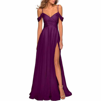 Chiffon Bridesmaid Dresses with Pockets V Neck Long Prom Dress Formal Evening Gown with Slit