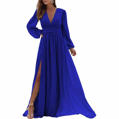 Women Long Sleeve Bridesmaid Dresses Slit Long Pleated Formal Evening Party Gown