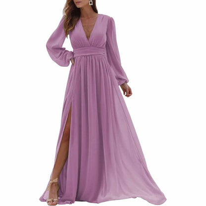Women Long Sleeve Bridesmaid Dresses Slit Long Pleated Formal Evening Party Gown