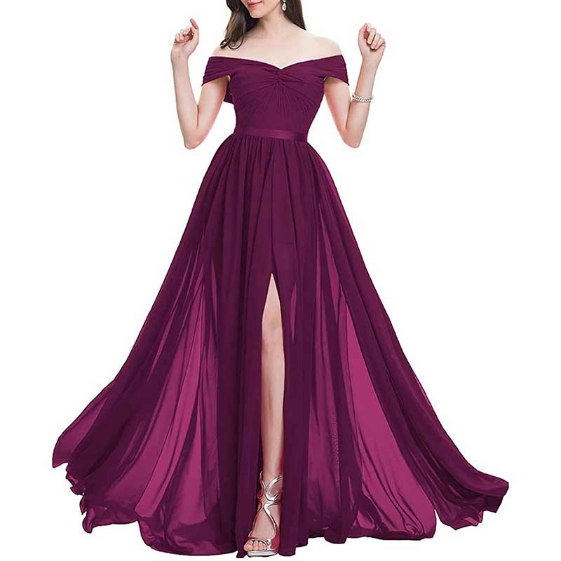 Off Shoulder Bridesmaid Dresses A-line Pleated Chiffon Formal Evening Gowns