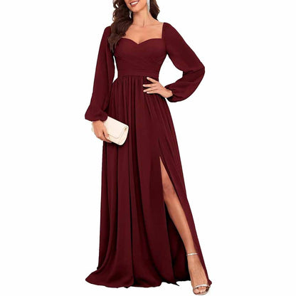 Long Sleeve Bridesmaid Dresses Long Pleated Chiffon Formal Evening Dresses with Slit